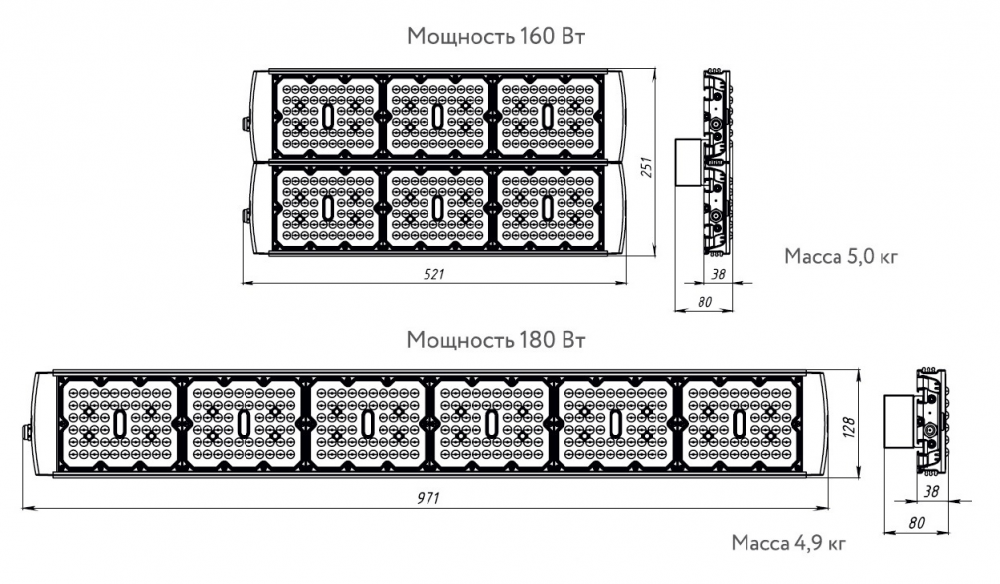 Габаритные, монтажные и установочные размеры  для мощности 160 Вт и 180 Вт